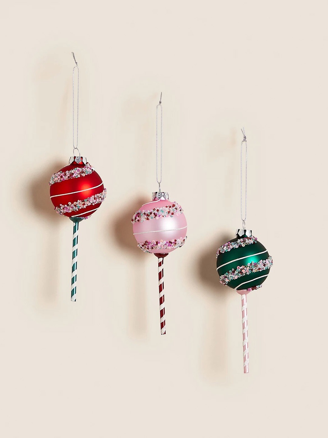 

Marks & Spencer Red & Green 3 Pieces Glass Lollipop Christmas Baubles
