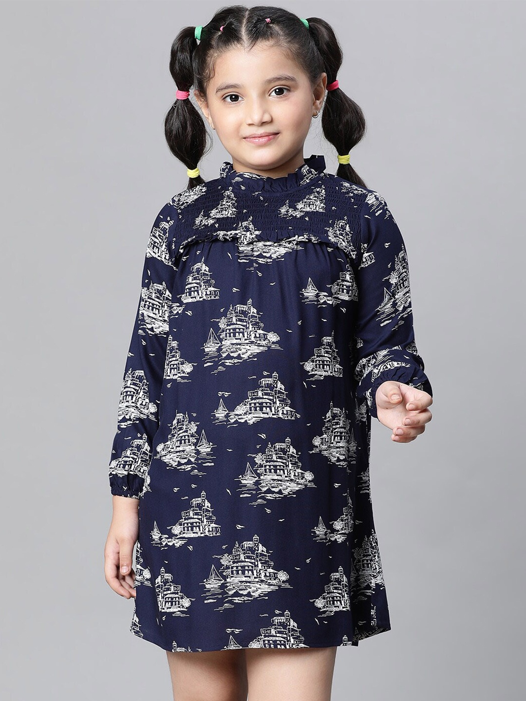 

Oxolloxo Conversational Printed Smocked A-Line Dress, Navy blue