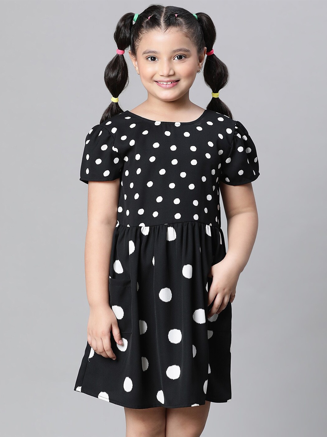 

Oxolloxo Polka Dot Printed Gathered Fit & Flare Dress, Black