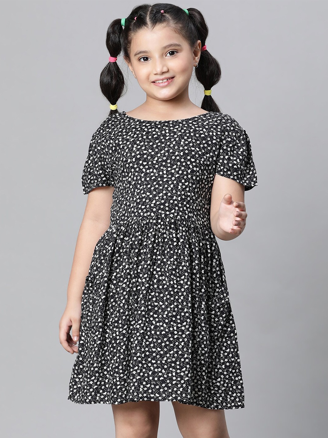 

Oxolloxo Floral Printed Gathered A-Line Dress, Black