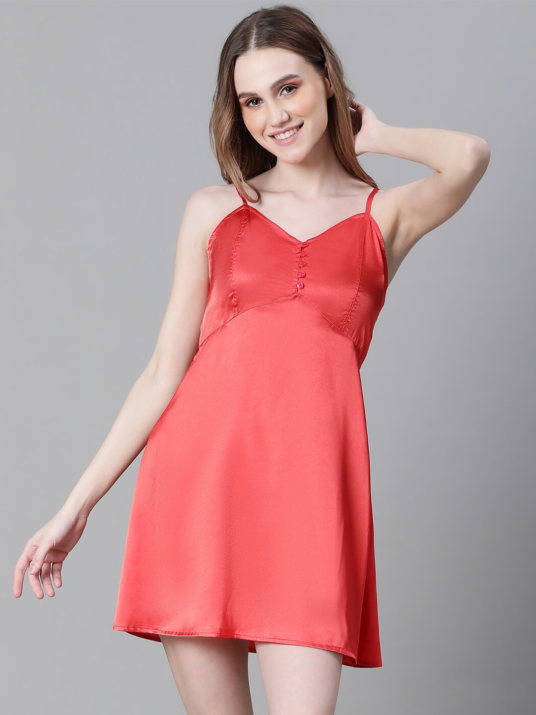 

Oxolloxo Shoulder Straps Sleeveless Satin Nightdress, Red