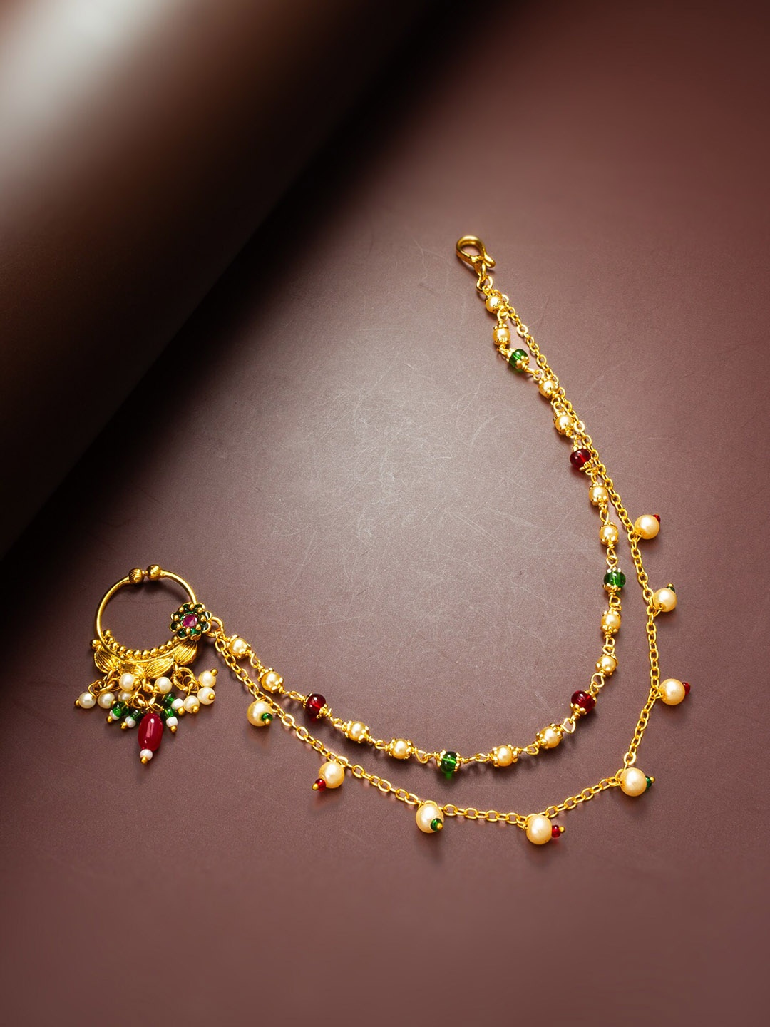 aadita Gold-Plated Stone-Studded & Beaded Nosepin