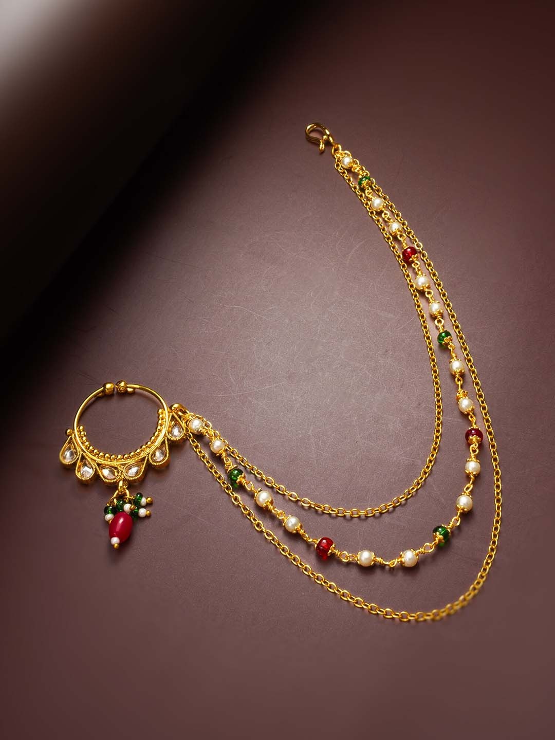 

aadita Gold-Plated Stone-Studded & Beaded Nosepin
