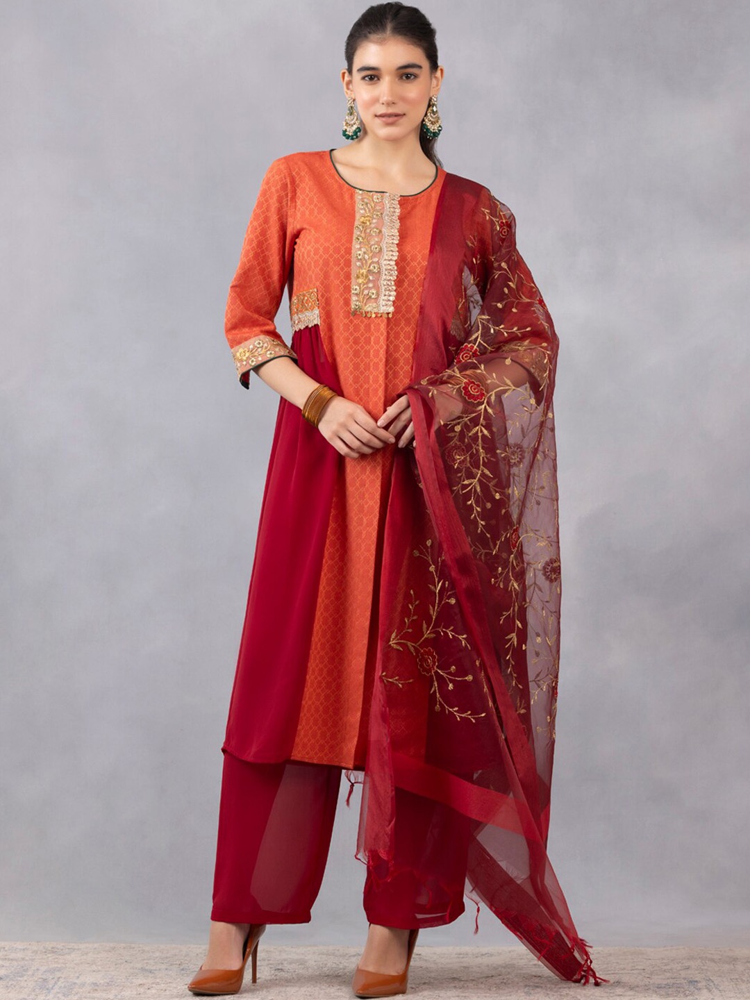

SHAYE Colourblocked Regular Zardozi Kurta With Trousers & Dupatta, Orange