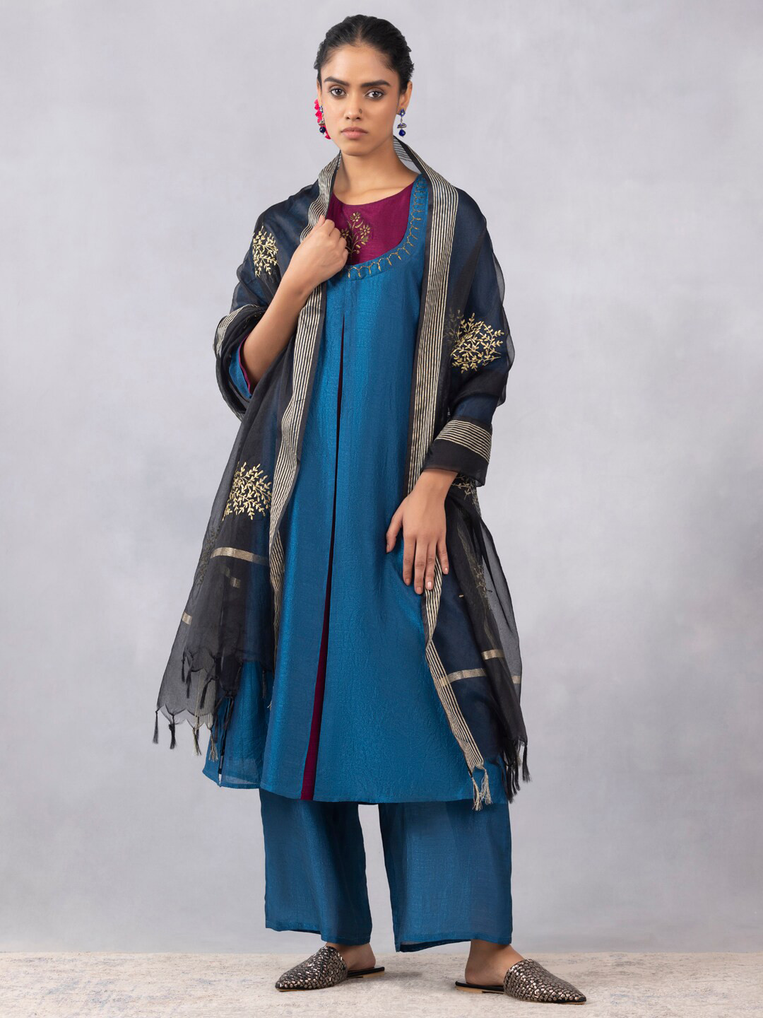

SHAYE Yoke Design Panelled Kurta With Palazzos & Dupatta, Teal