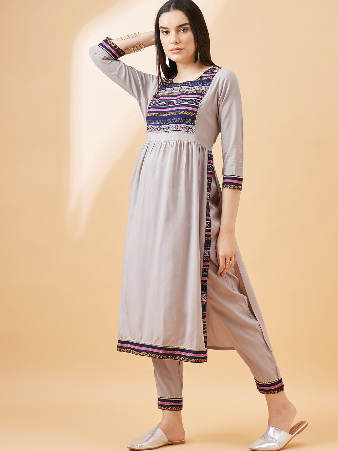 

all about you Grey Ethnic Motifs Yoke Design Regular Gotta Patti Kurta With Trousers