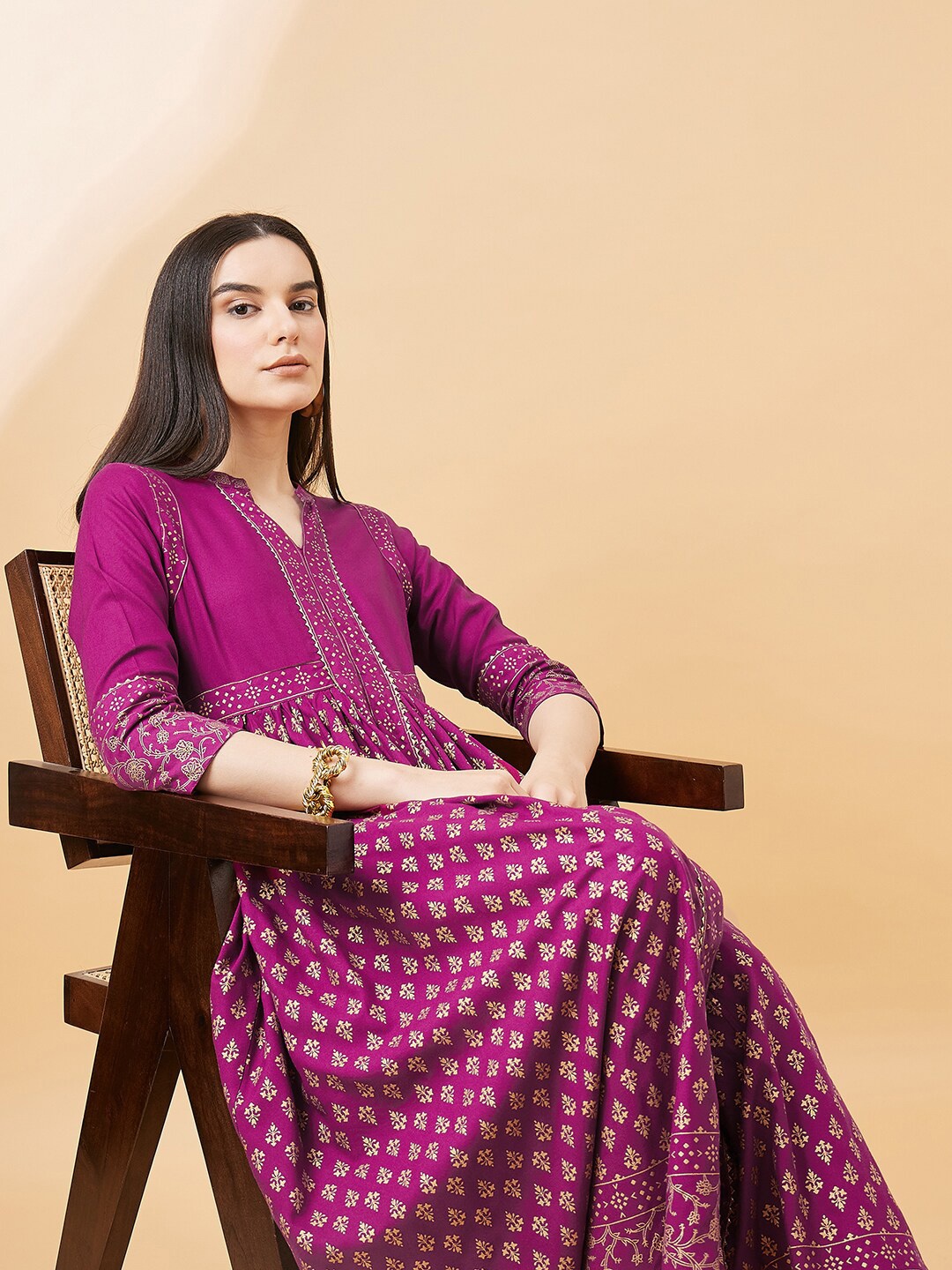 

all about you Maroon Ethnic Motifs Printed Gotta Patti Regular Kurta with Trousers