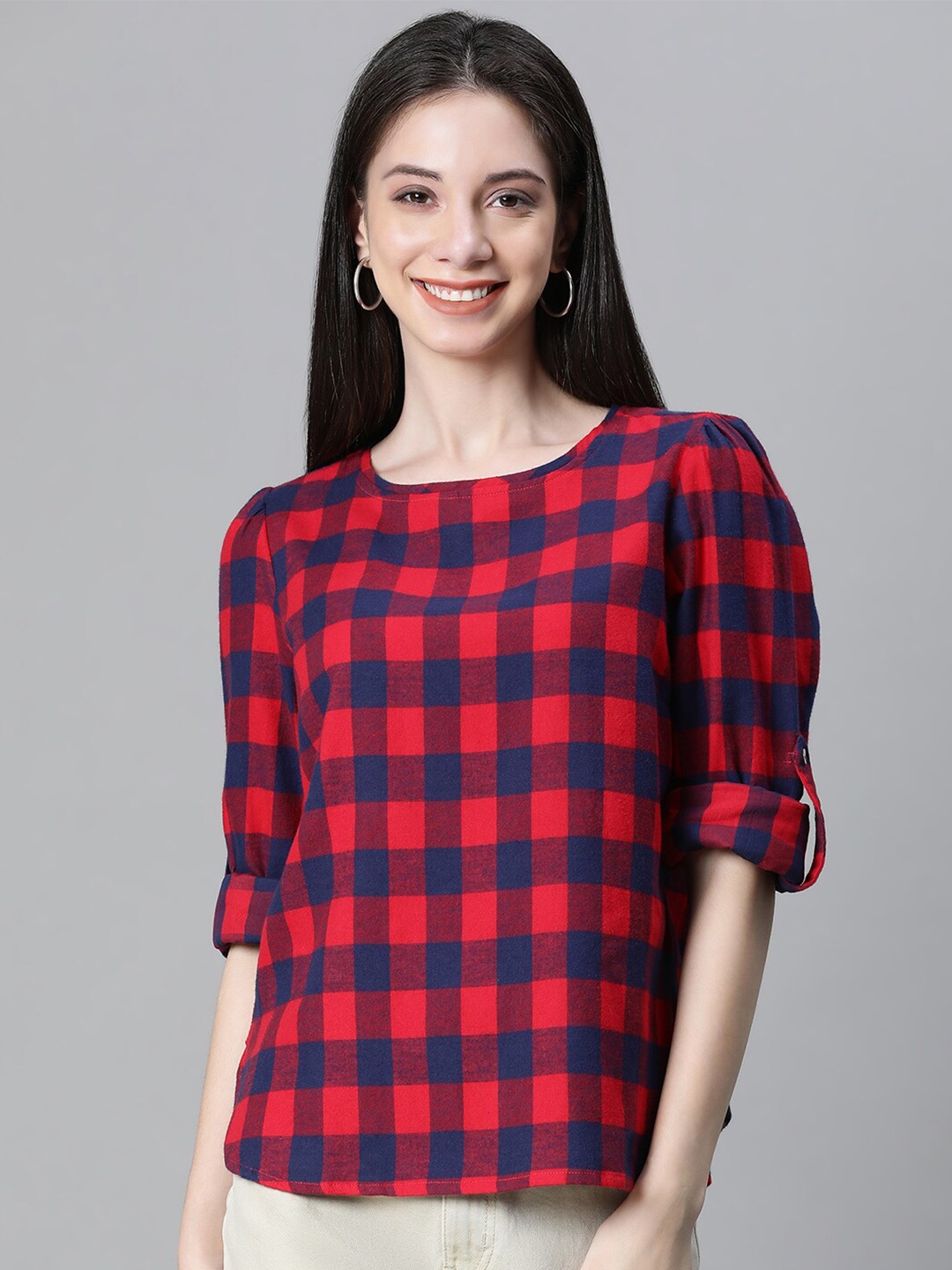 

Oxolloxo Checked Gathered Roll-Up Sleeves Cotton Top, Red