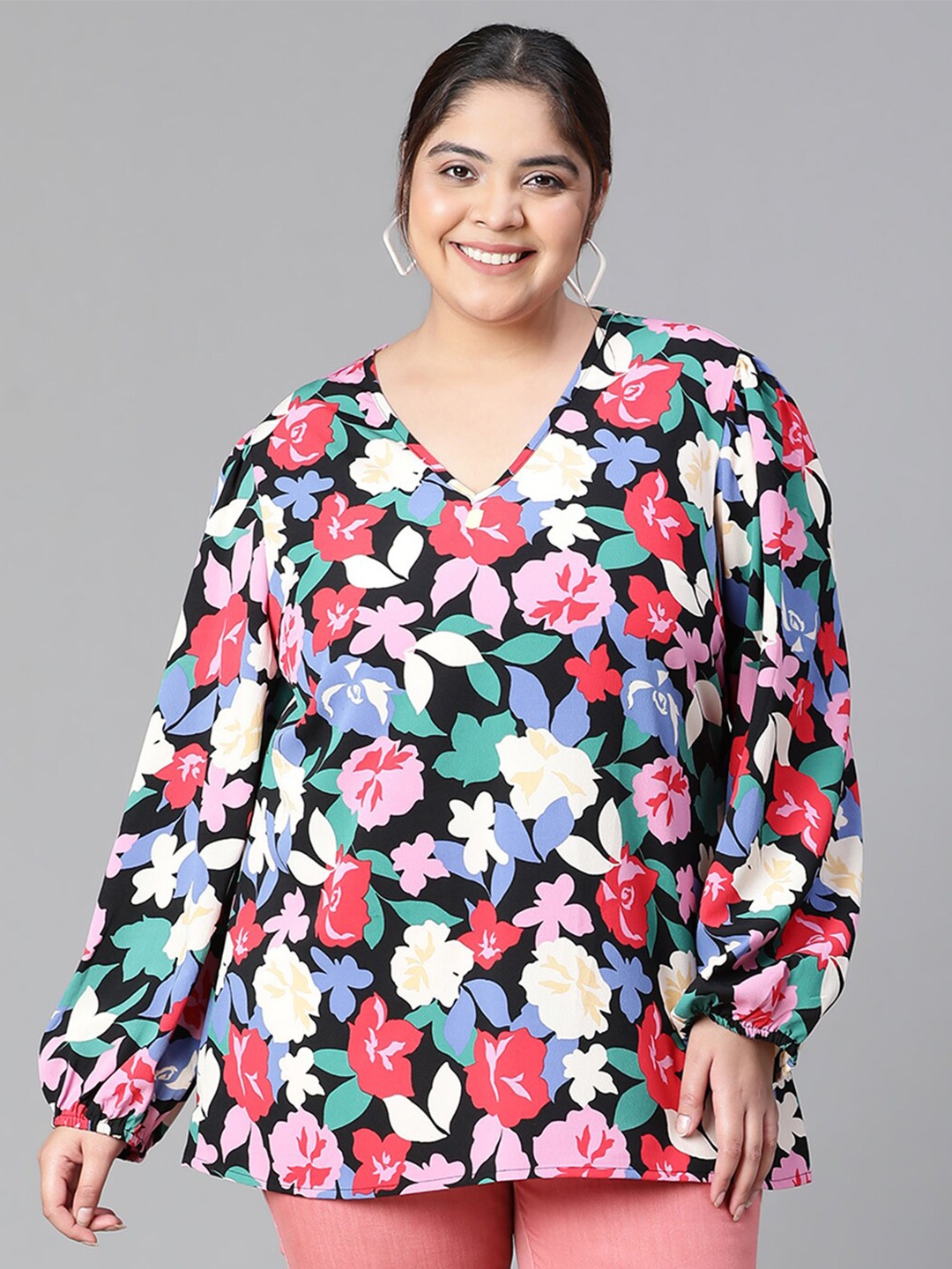 

Oxolloxo Plus Size Floral Printed Shirt Style Top, Black