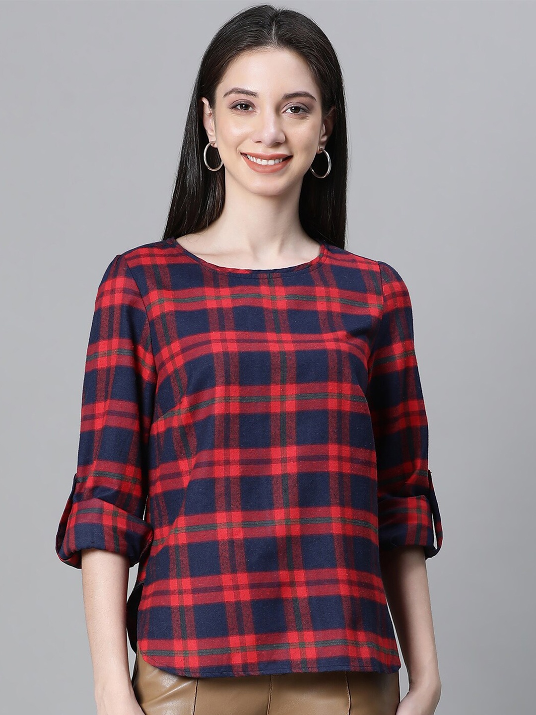 

Oxolloxo Checked Round Neck Long Sleeves Organic Cotton Regular Top, Red