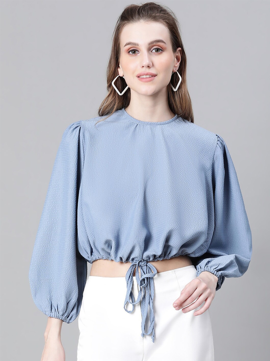 

Oxolloxo Round Neck Puff Sleeve Waist Tie Up Georgette Blouson Crop Top, Blue
