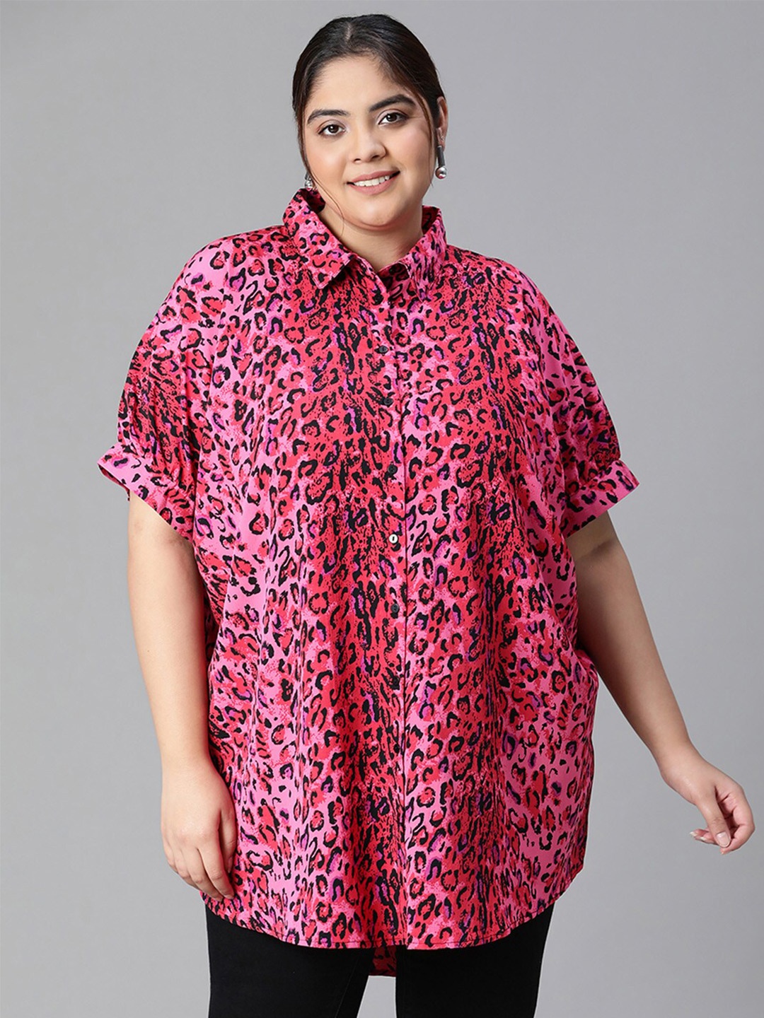 

Oxolloxo Plus Size Animal Printed Shirt Collar Puff Sleeves Shirt Style Top, Pink