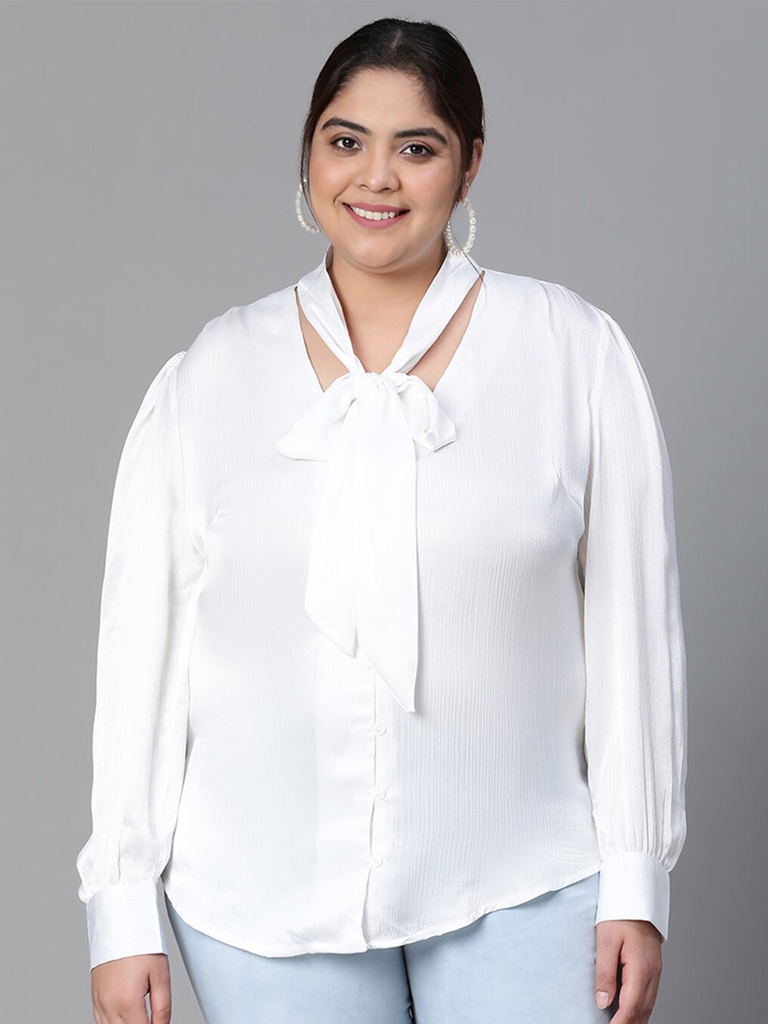 

Oxolloxo Plus Size Tie-Up Neck Long Sleeves Shirt Style Top, White