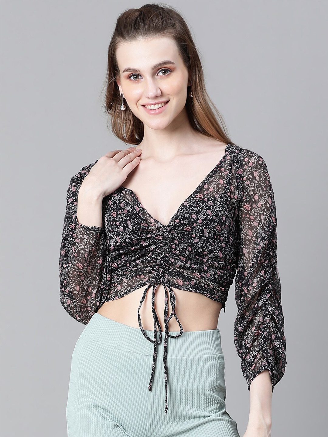 

Oxolloxo Floral Printed V-Neck Blouson Crop Top, Black