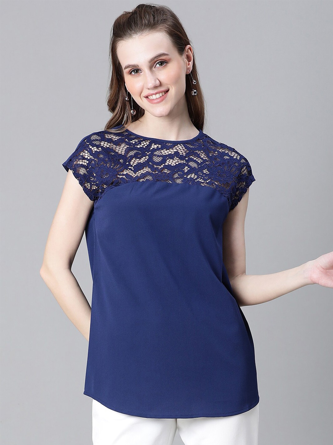 

Oxolloxo Round Neck Extended Sleeves Lace-Up Regular Top, Navy blue