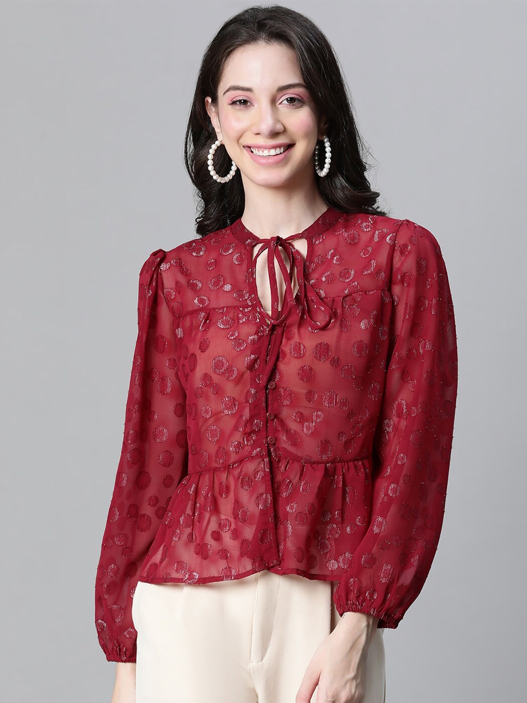 

Oxolloxo Self Designed Tie-Up Neck Puff Sleeves Sheer Peplum Top, Maroon