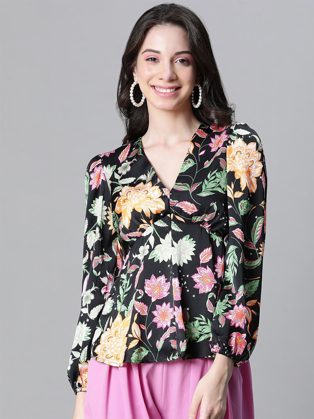 

Oxolloxo Floral Printed Puff Sleeves Empire Top, Black