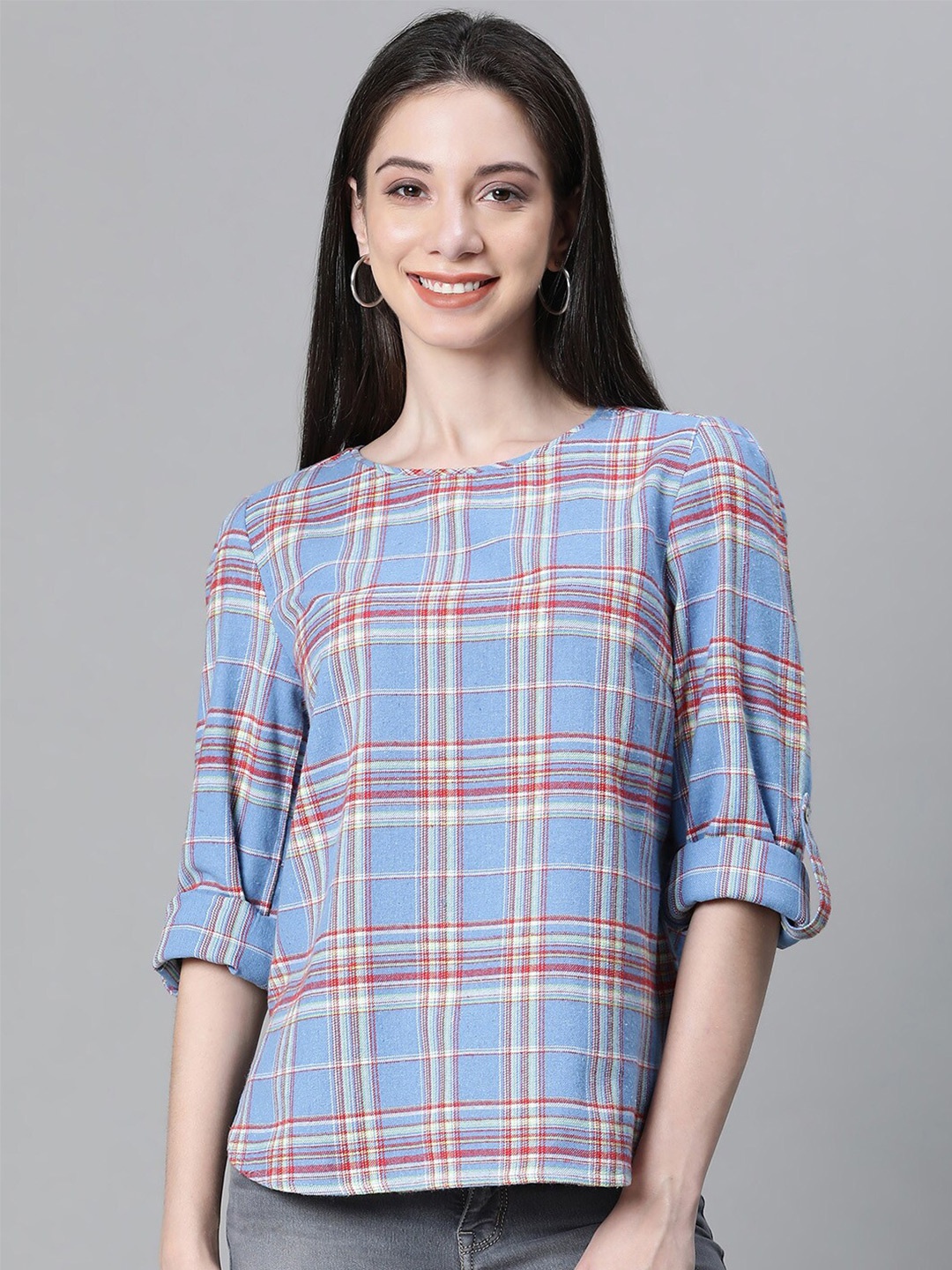 

Oxolloxo Checked Roll-Up Sleeves Organic Cotton Top, Blue