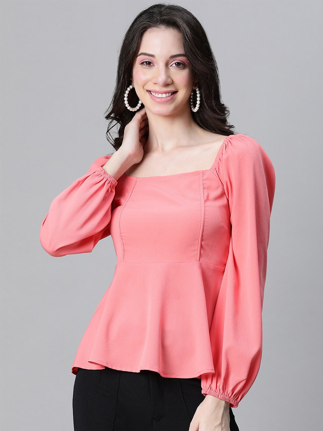 

Oxolloxo Square Neck Smocked Crepe Peplum Top, Peach