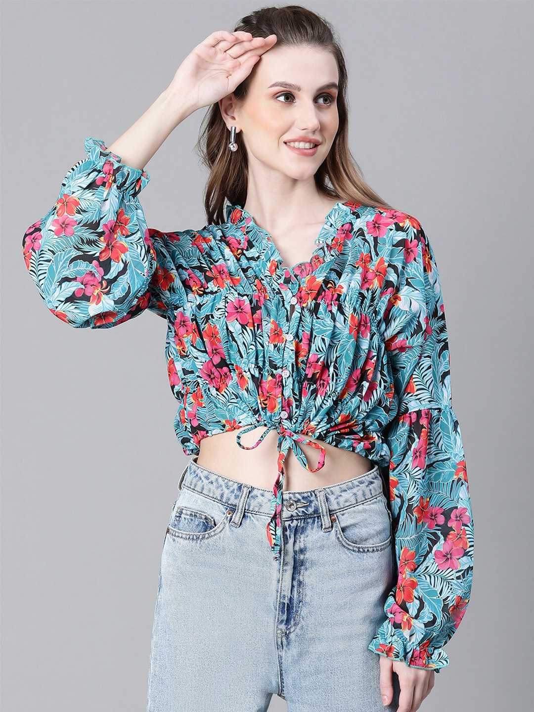 

Oxolloxo Floral Printed Blouson Crop Top, Multi