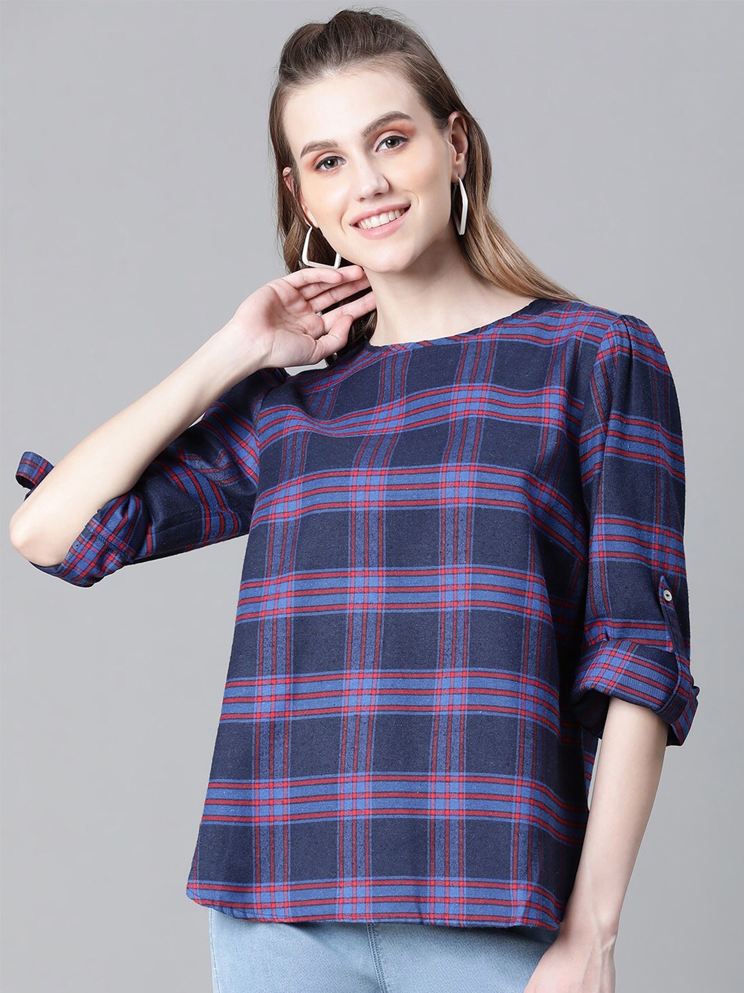 

Oxolloxo Checked Roll-Up Sleeves Gathered Organic Cotton Top, Navy blue