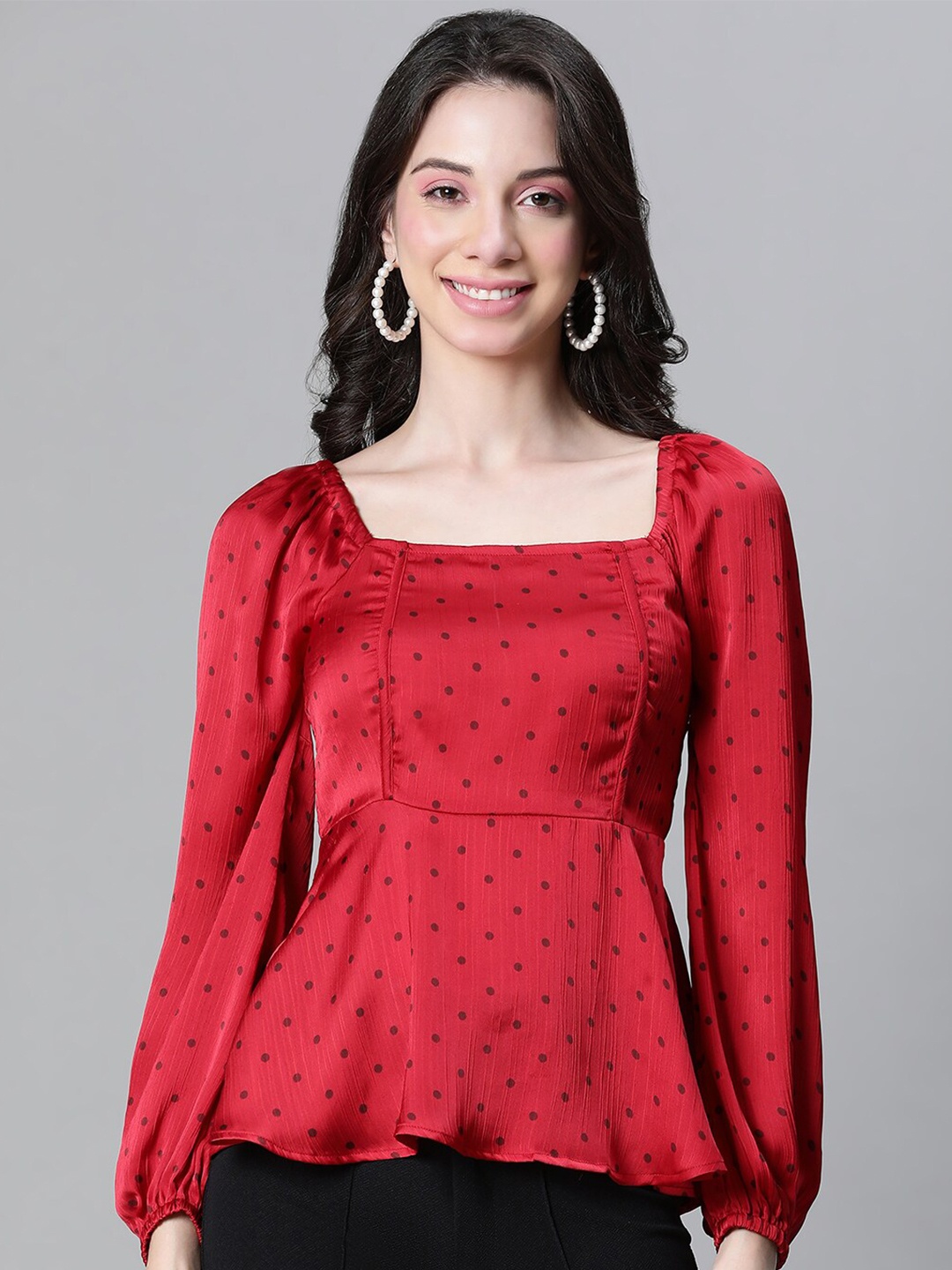 

Oxolloxo Polka Dots Printed Square Neck Puff Sleeves Gathered Peplum Satin Top, Red