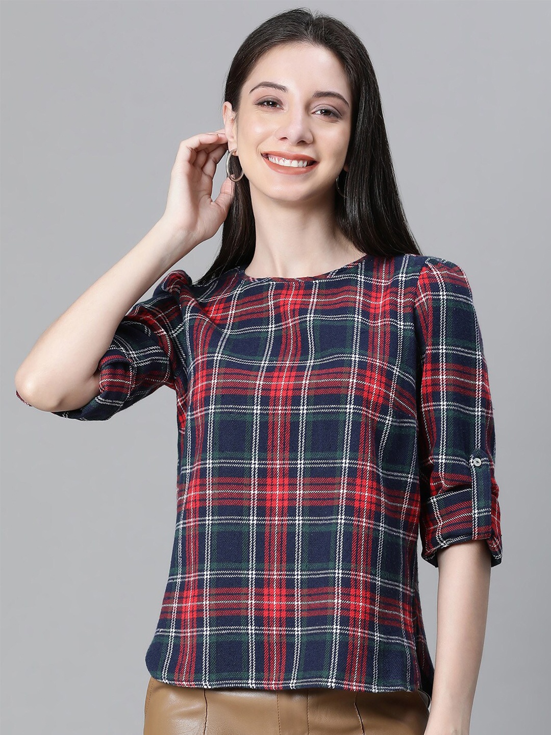 

Oxolloxo Checked Roll-Up Sleeves Organic Cotton Regular Top, Navy blue