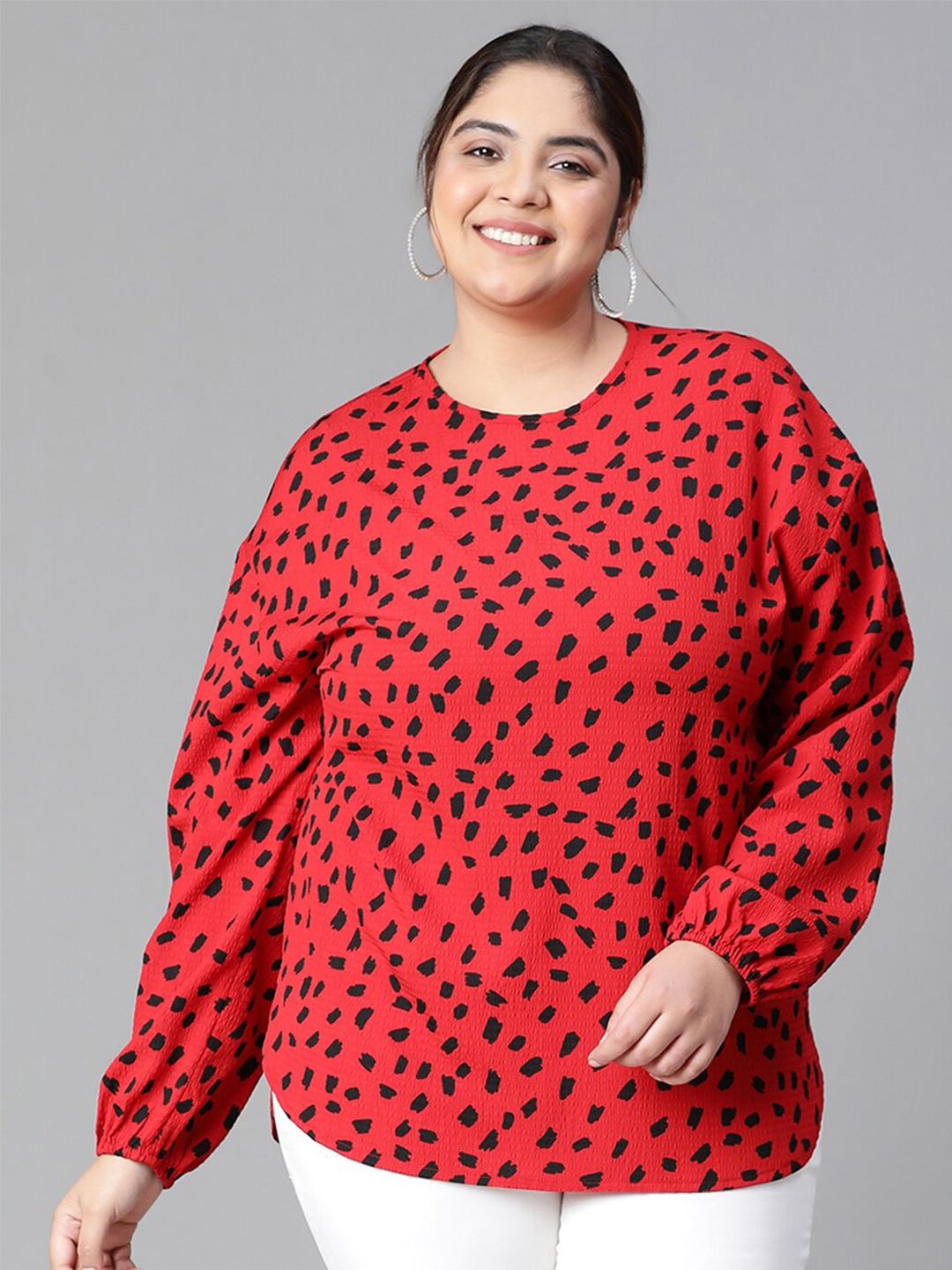 

Oxolloxo Plus Size Animal Printed Puff Sleeves Top, Red