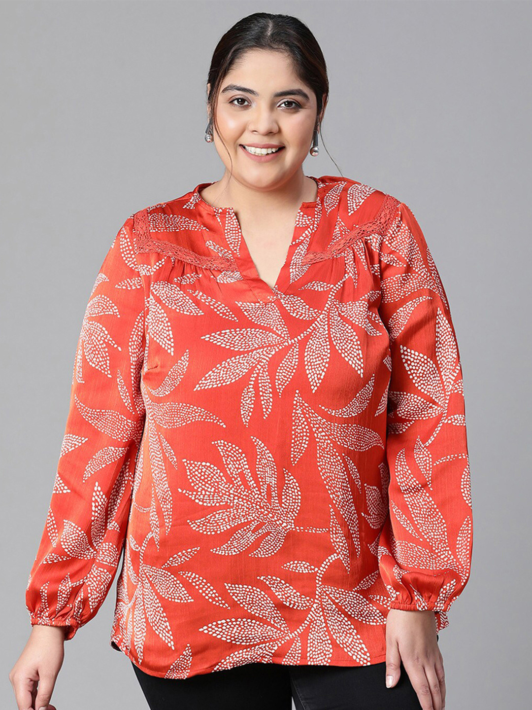 

Oxolloxo Plus Size Tropical Printed Top, Orange