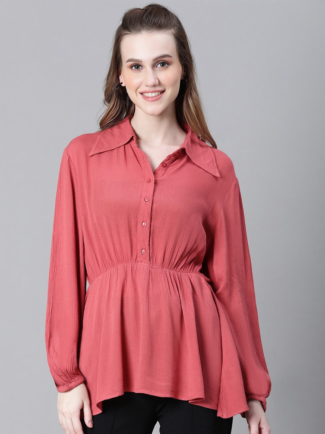 

Oxolloxo Shirt Collar Gathered Top, Rust