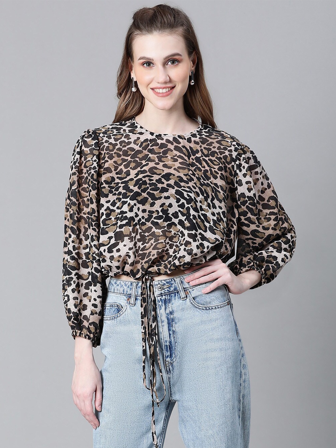 

Oxolloxo Animal Printed Puff Sleeves Waist Tie-Ups Semi Sheer Blouson Crop Top, Brown