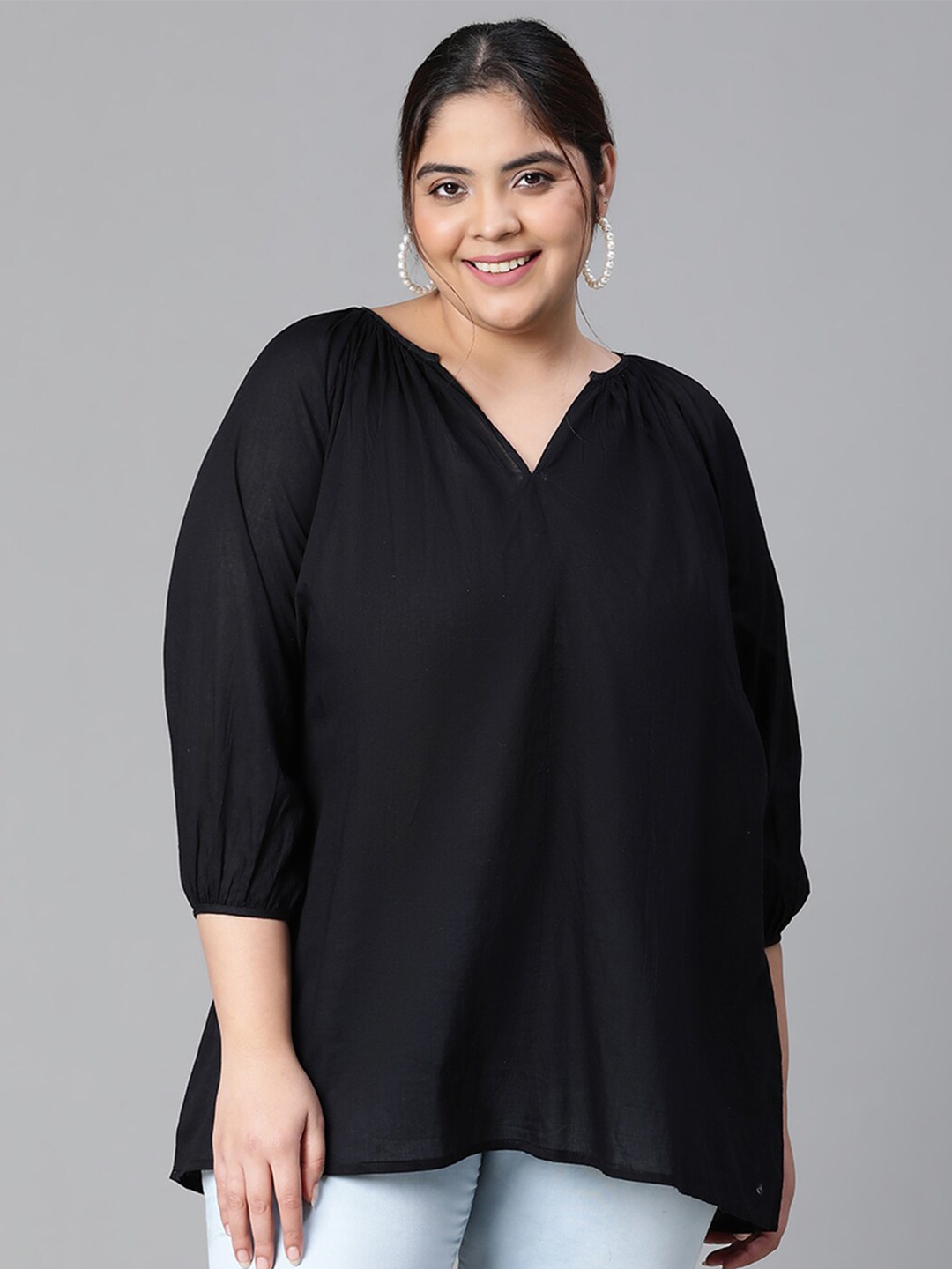 

Oxolloxo Plus Size V-Neck Puff Sleeves Cotton Top, Black