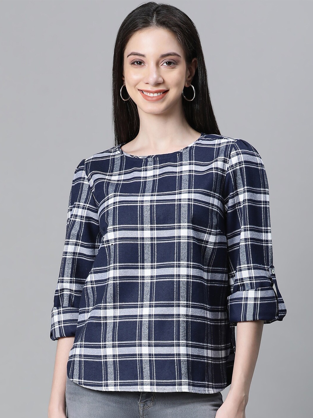 

Oxolloxo Checked Organic Cotton Shirt Style Top, Navy blue