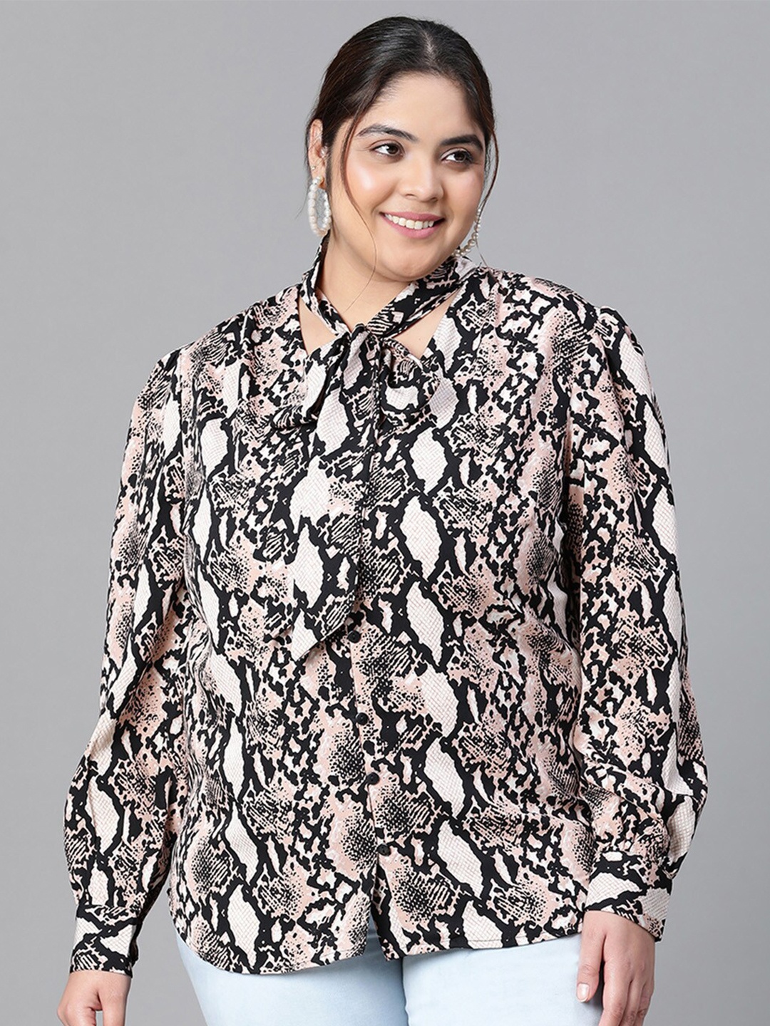 

Oxolloxo Plus Size Animal Printed Tie-Up Neck Cuffed Sleeves Top, Beige