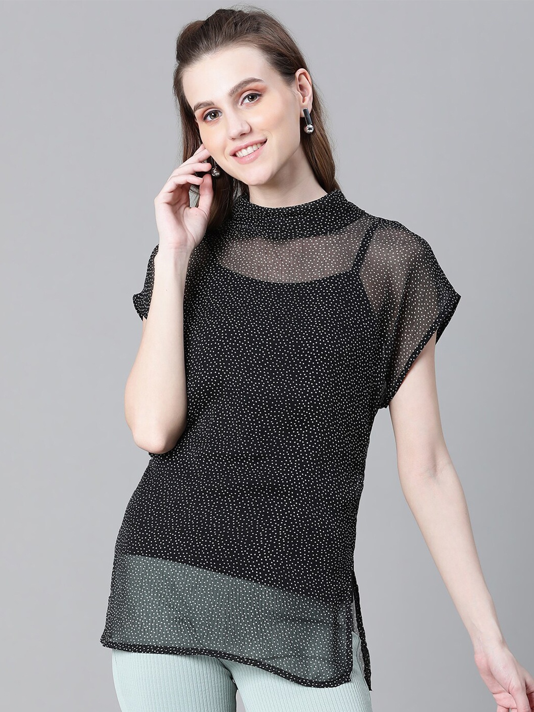 

Oxolloxo Polka Dots Printed High Neck Top, Black