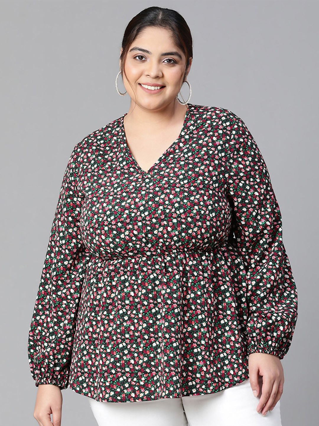 

Oxolloxo Plus Size Floral Printed V-Neck Puff Sleeves Gathered Peplum Top, Black