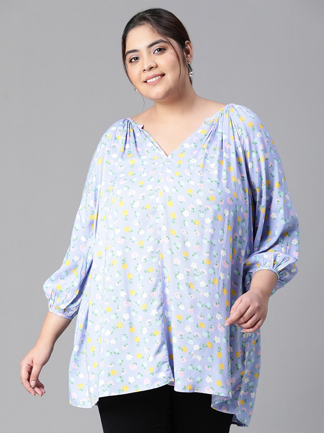 

Oxolloxo Floral Printed V-Neck Top, Blue