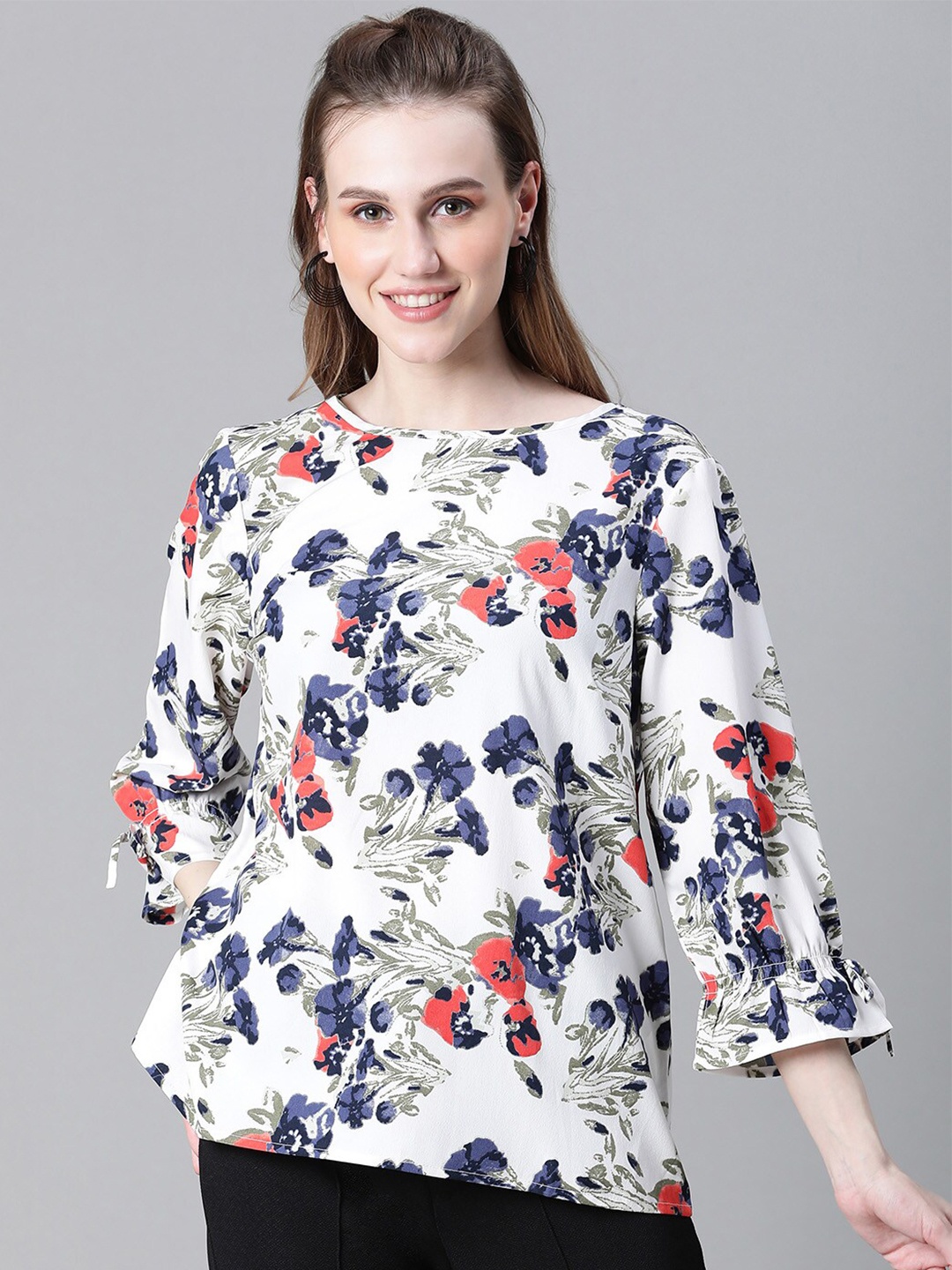 

Oxolloxo Floral Printed Bell Sleeve Top, White