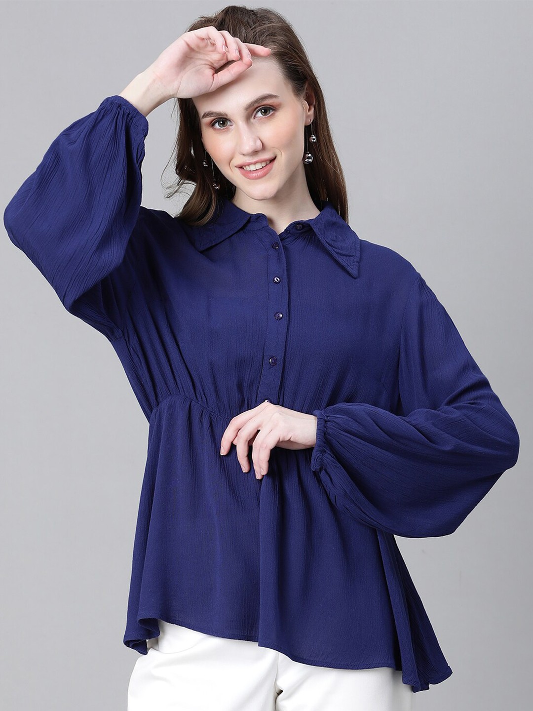 

Oxolloxo Shirt Collar Puff Sleeves Gathered Detailed Cinched Waist Top, Navy blue