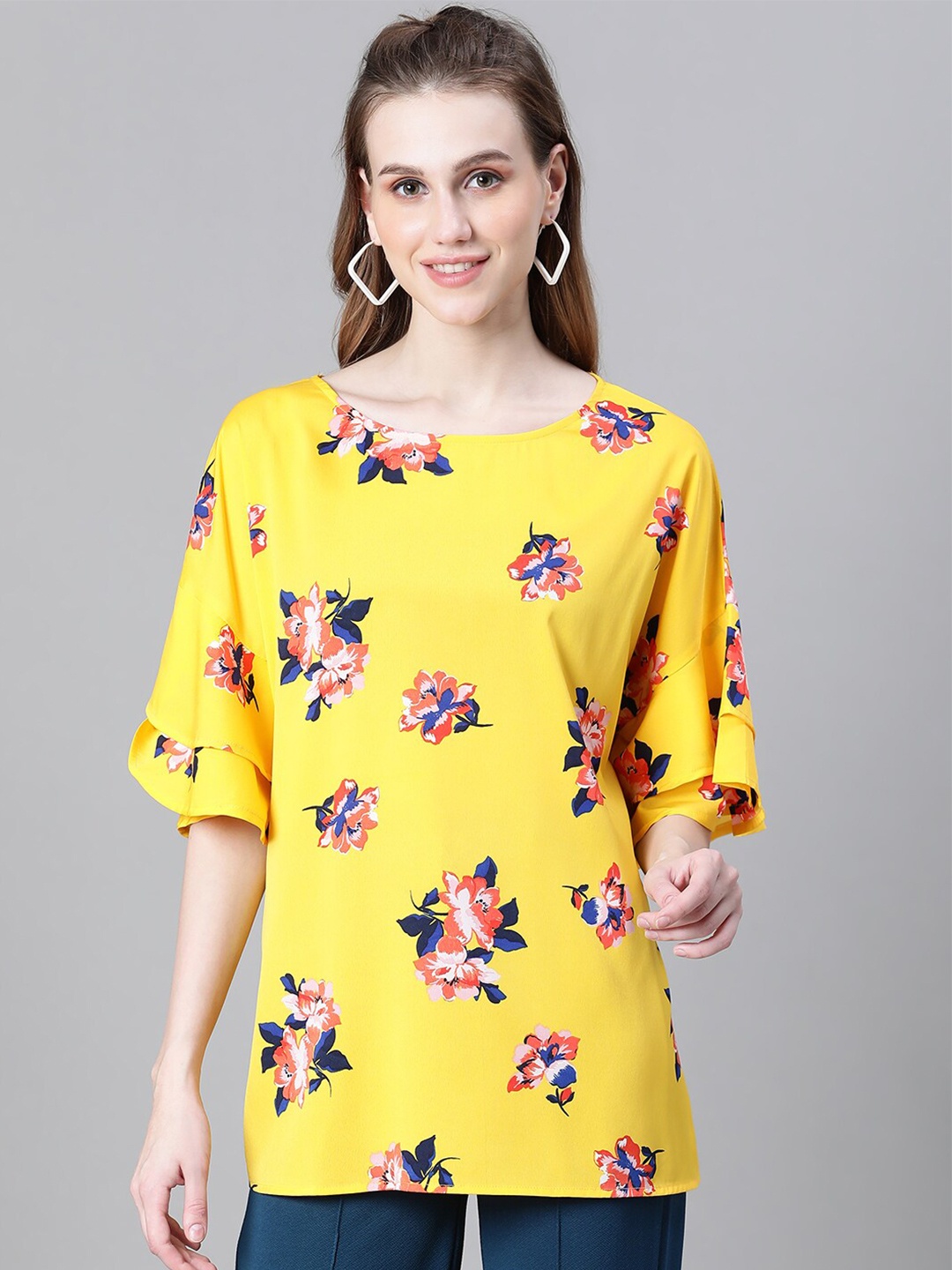 

Oxolloxo Floral Printed Flared Sleeves Longline Top, Yellow