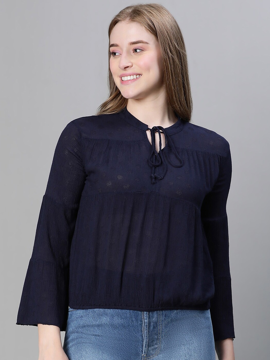 

Oxolloxo Tie-Up Neck Bell Sleeves Dobby Top, Navy blue