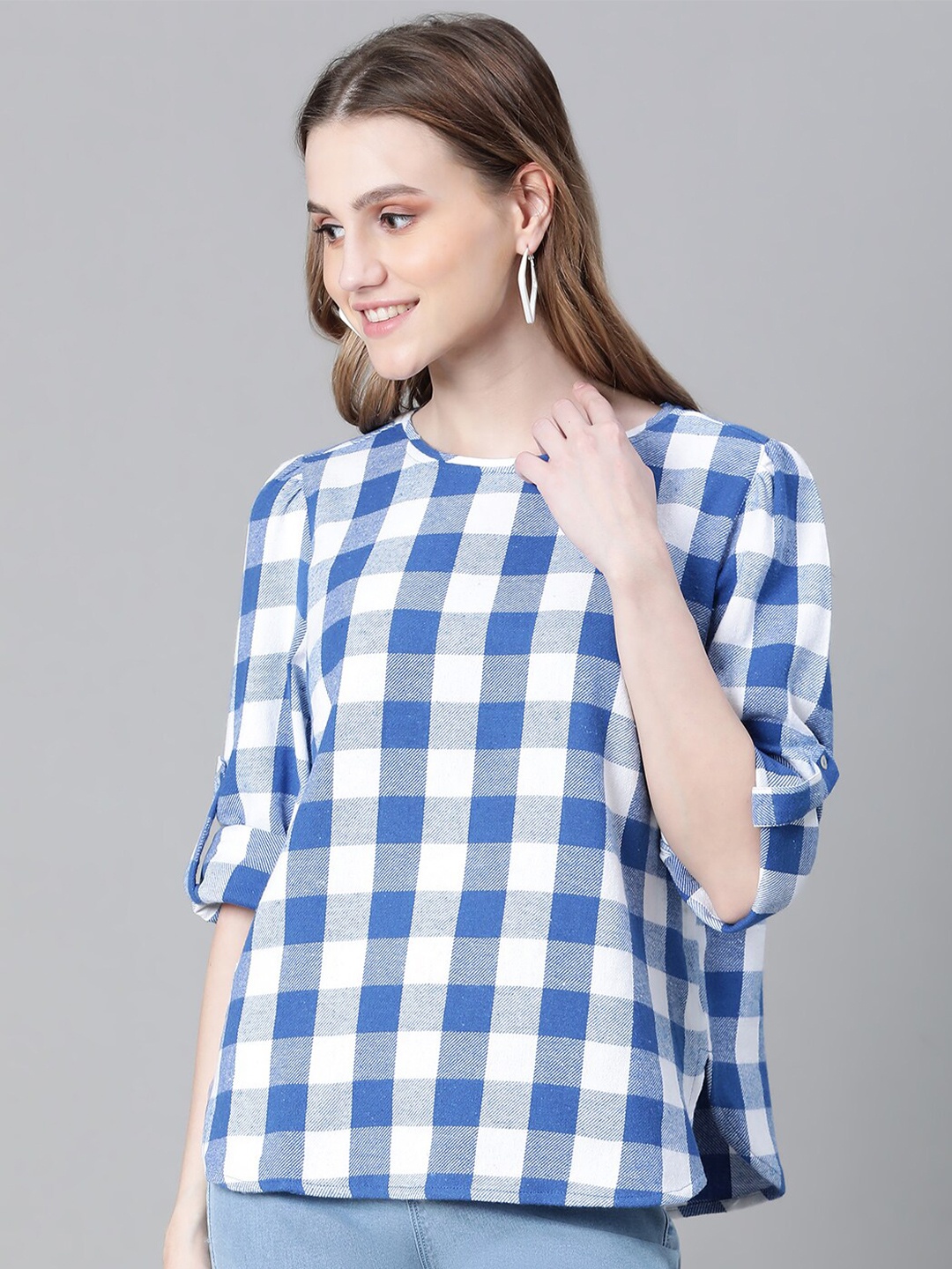

Oxolloxo Checked Roll-Up Sleeves Pleated Organic Cotton Top, Blue