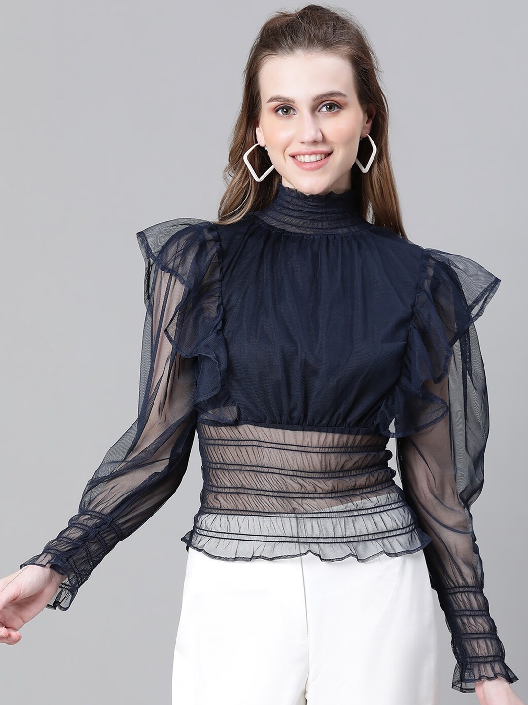 

Oxolloxo High Neck Cuffed Sleeves Ruffled Smocked Fitted Top, Blue