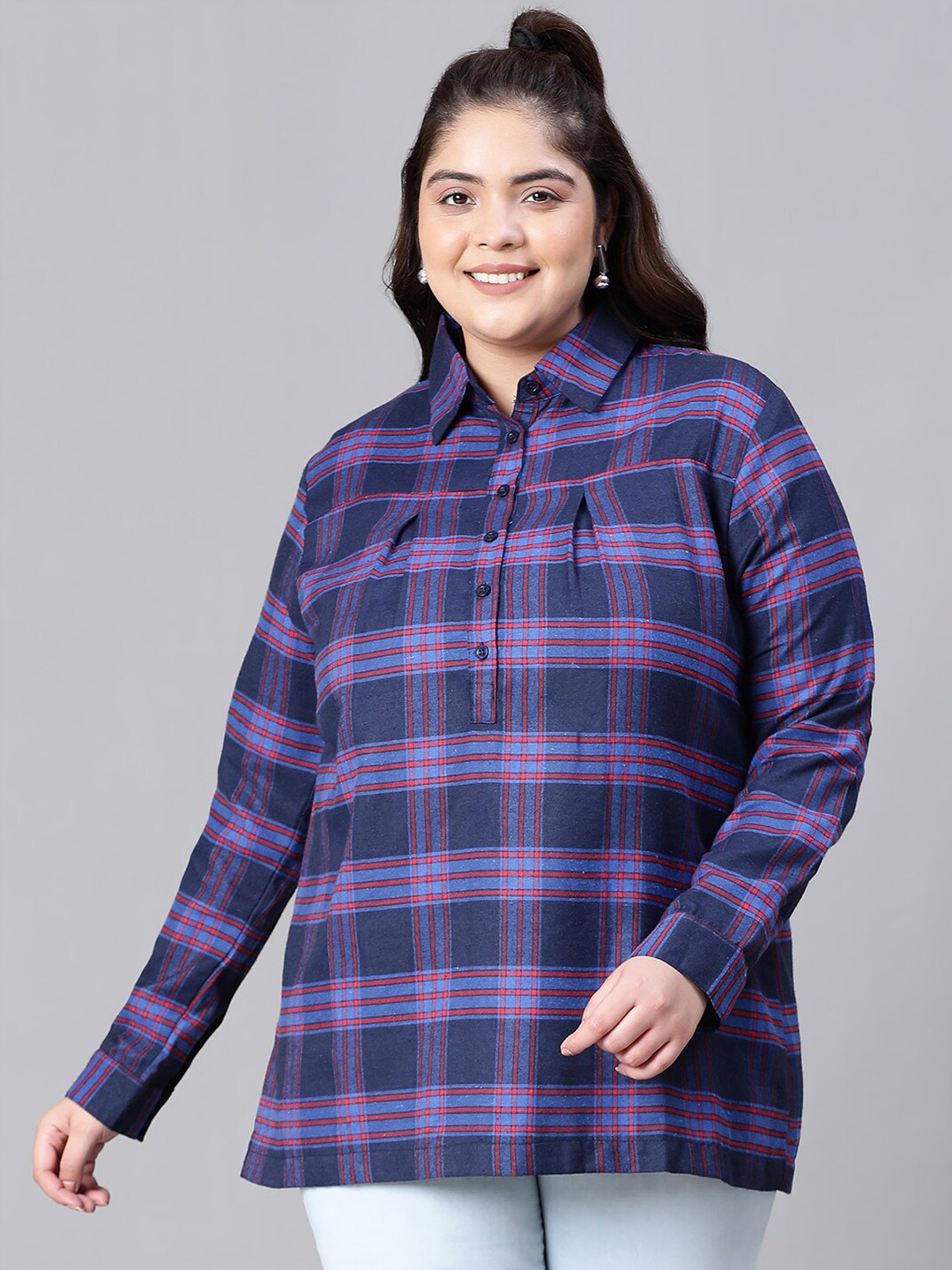 

Oxolloxo Plus Size Checked Shirt Collar Cuffed Sleeves Pleated Cotton Shirt Style Top, Navy blue