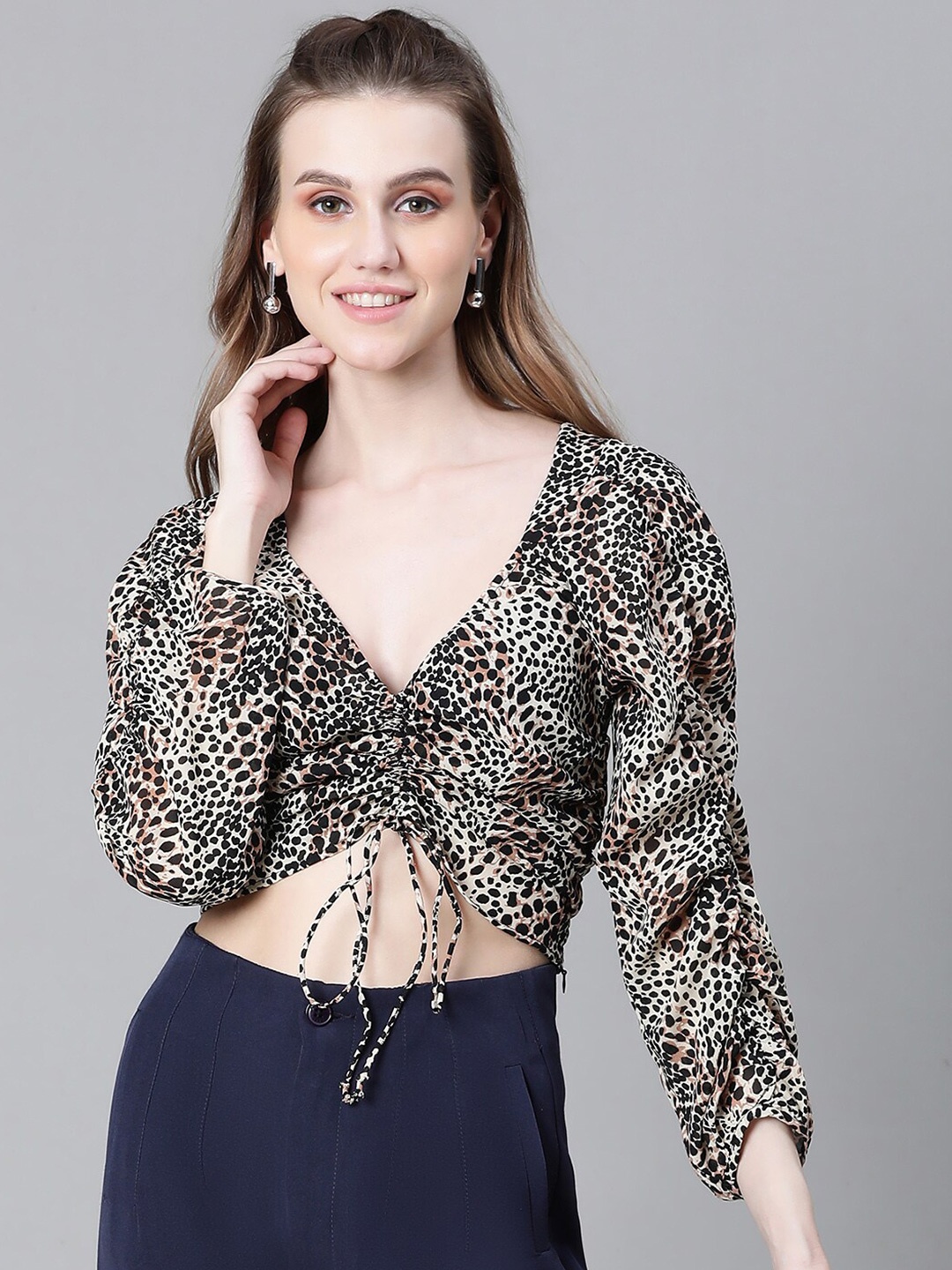 

Oxolloxo Animal Printed Georgette Blouson Crop Top, Black