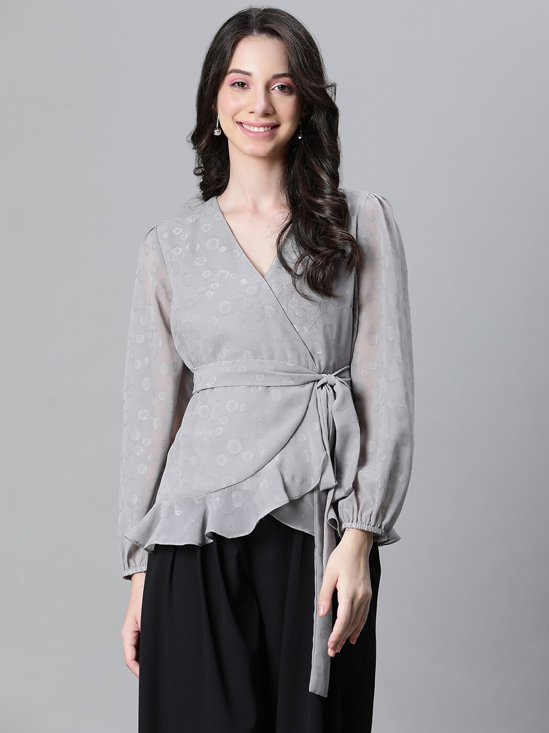 

Oxolloxo Self Design Ruffled Wrap Top, Grey
