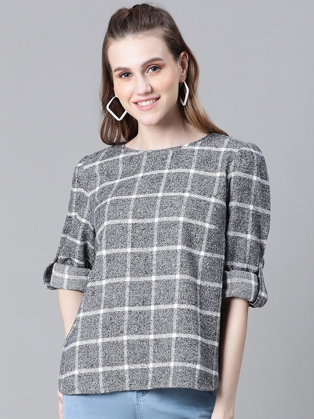 

Oxolloxo Checked Roll-Up Sleeves Organic Cotton Regular Top, Grey