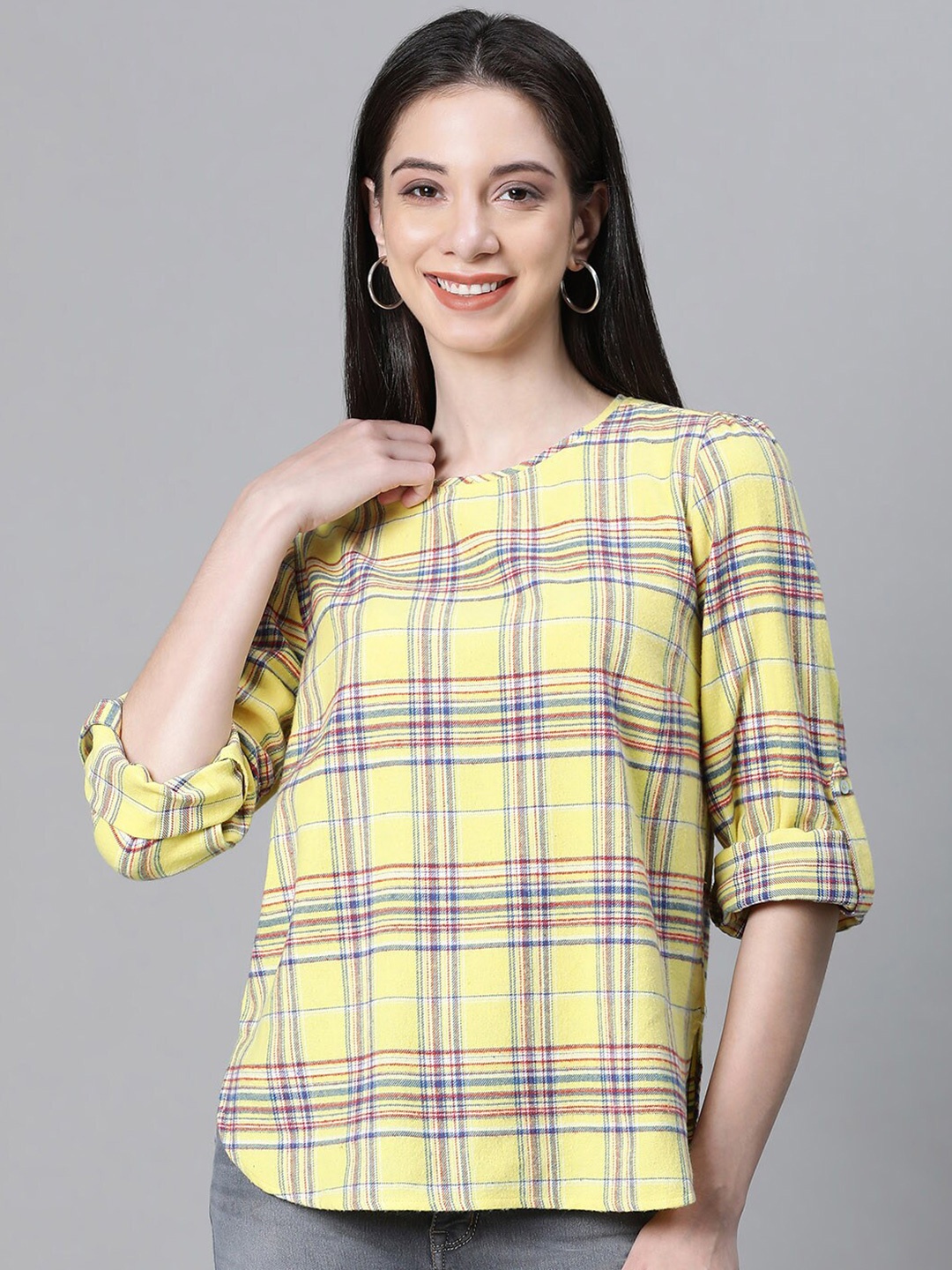 

Oxolloxo Checked Round Neck Long Sleeves Organic Cotton Regular Top, Yellow