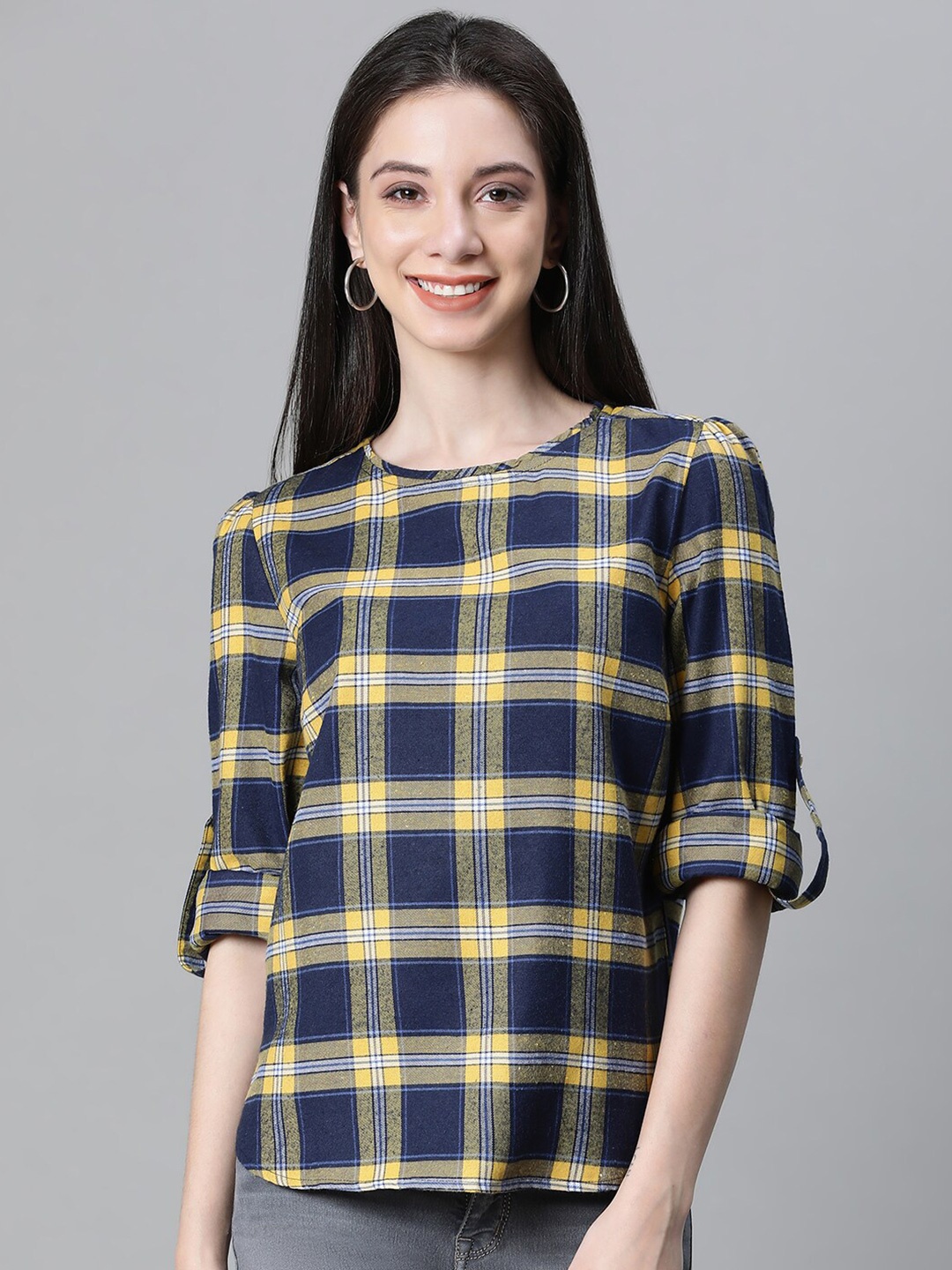

Oxolloxo Checked Gathered Roll- Up Sleeves Cotton Top, Navy blue