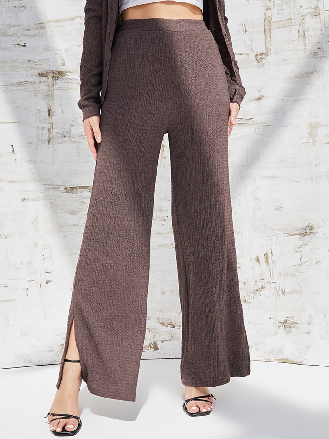 

Styli Brown Self Design Textured High-Rise Wide Leg Trouser with Side Slit